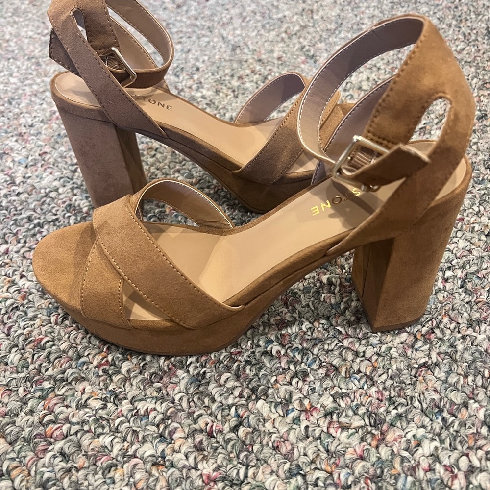 Sun + Stone Cognac Suede Heels Size 9.5